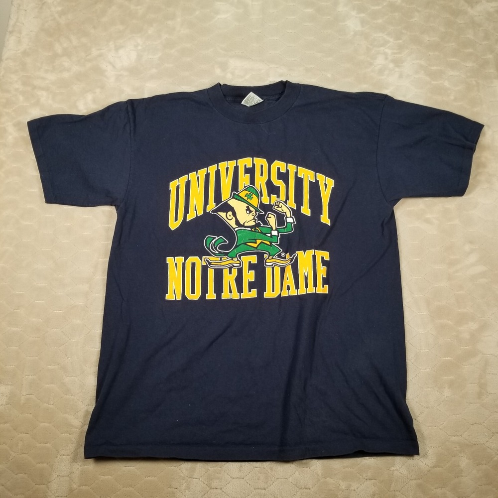 VTG USA Made Notre Dame Fighting Irish Shirt Crewneck Size L Galt Sand Navy